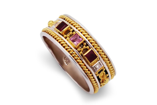 Anillo de metal con piedra topacio y diamantes incluyendo trazado de recorte