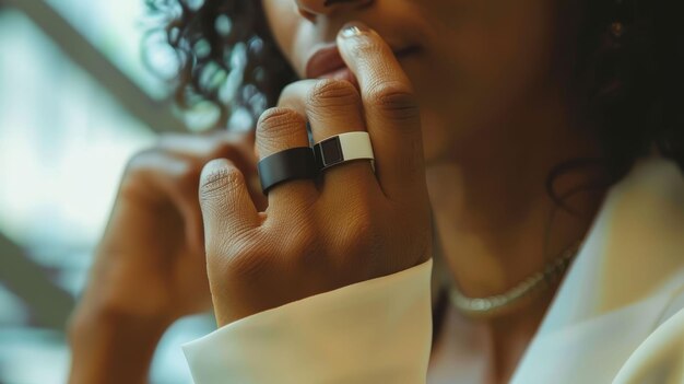 Anillo de motivo en el uso diario estilo de vida seguimiento de fitness diseño elegante tecnología portátil usuario interactuando con características inteligentes en acción alta resolución