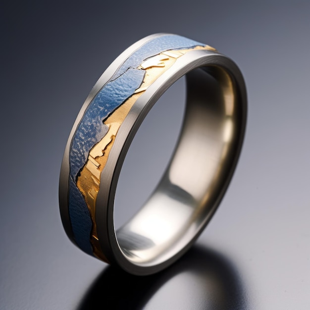 Anillo Mountain de oro y titanio con sutil color azul y detalles dorados