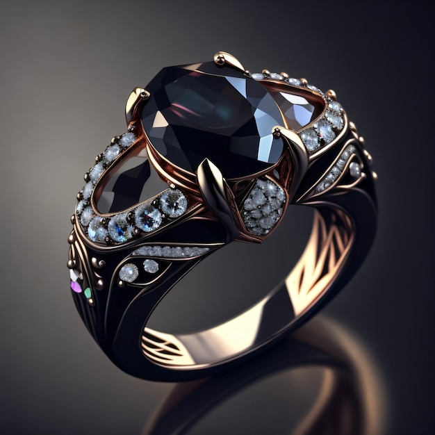 Un anillo negro con una piedra negra y piedras pequeñas.