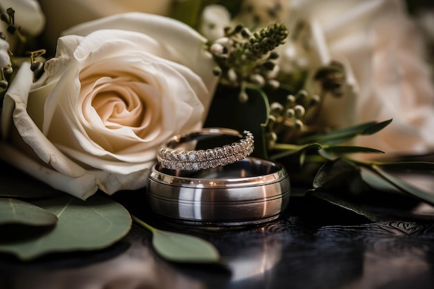 El anillo de la novia colocado encima del anillo del novio con un pequeño ramo de flores en el fondo