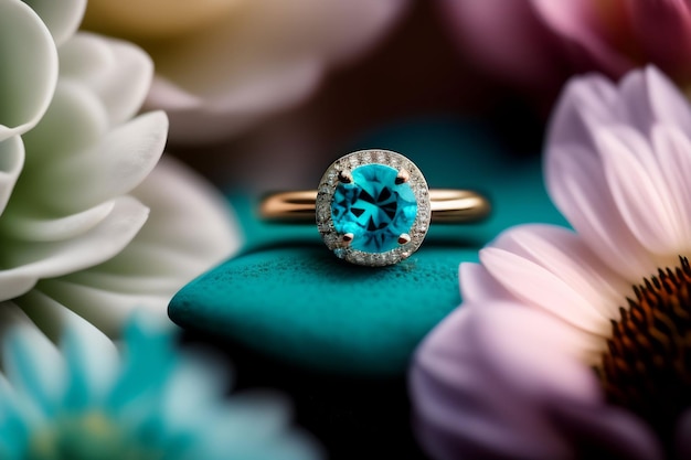 Un anillo de oro con un diamante se asienta sobre una superficie cubierta de flores.