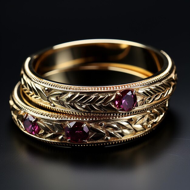anillo de oro con diamantes y piedras preciosas sobre fondo negro