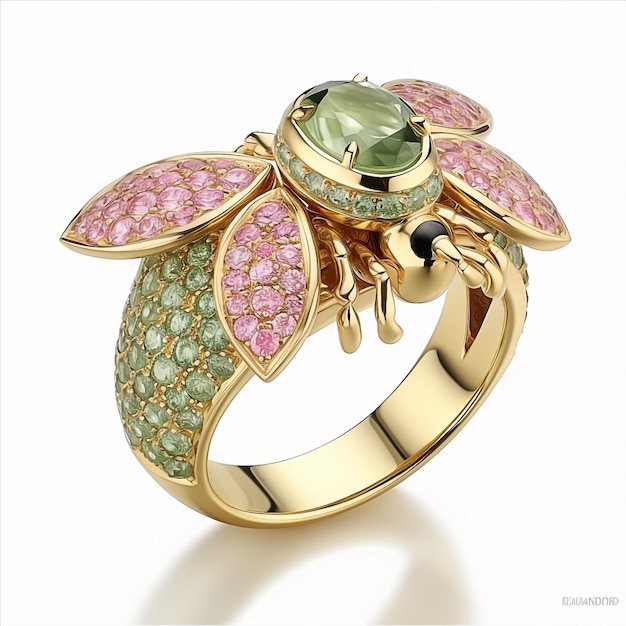 Un anillo de oro con diamantes rosas y verdes y una abeja.