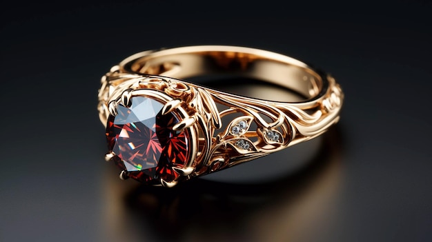 Anillo de oro con diamantes en una superficie oscura