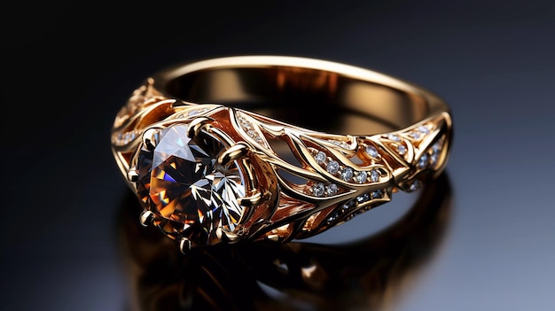 Anillo de oro con diamantes en una superficie oscura