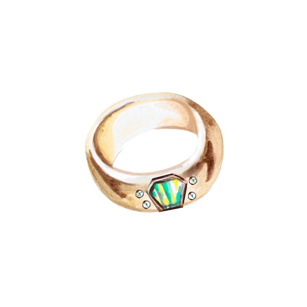 Anillo de oro con inserto de perla madre natural en acuarela ilustración aislada de joyas para