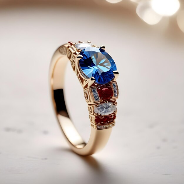 Foto anillo de oro de joyería con piedras preciosas azules y rojas ornamento fotografía de vista cercana generada por ia