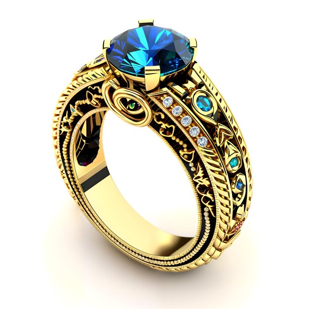 Un anillo de oro con piedra azul y diamantes.