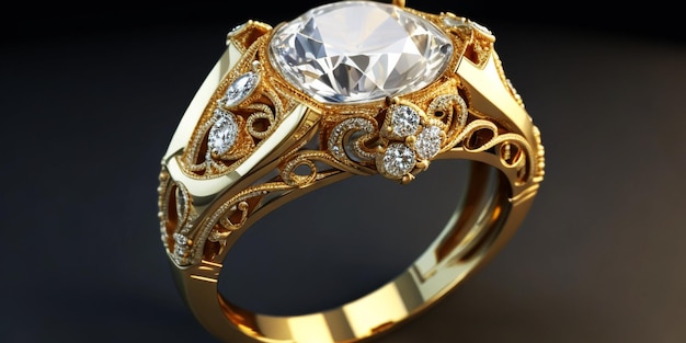 anillo de oro con una piedra blanca y diamantes en él