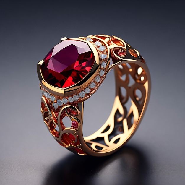 Un anillo de oro con una piedra roja y diamantes.