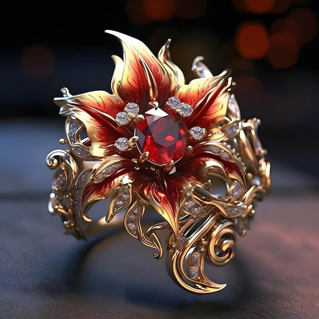 Un anillo de oro con una piedra roja y diamantes.