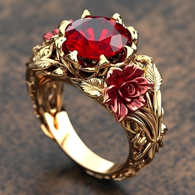 Un anillo de oro con una piedra roja y una roseta.