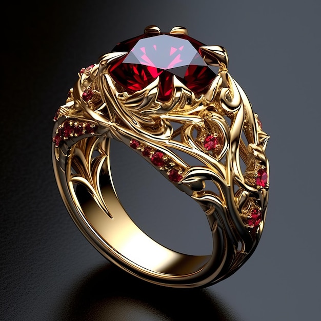 un anillo de oro con una piedra roja