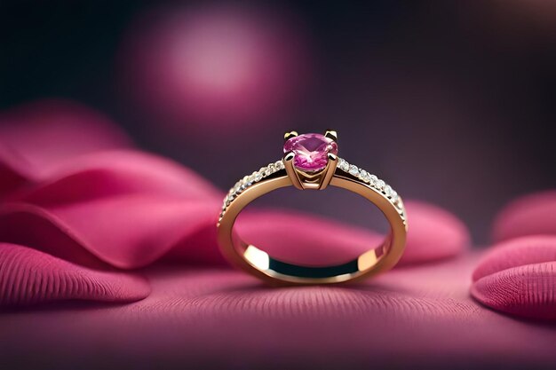 anillo de oro con una piedra rosa y diamantes en él