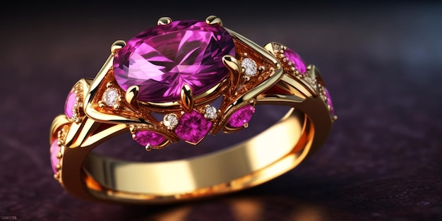 anillo de oro con una piedra rosa y diamantes en él