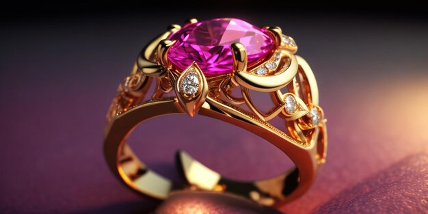 anillo de oro con una piedra rosa y diamantes en él