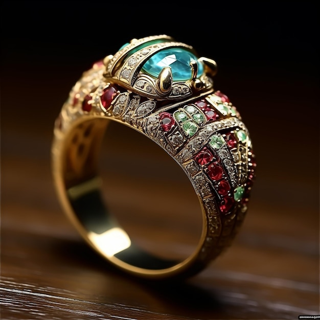 Un anillo de oro con una piedra verde y piedras rojas.