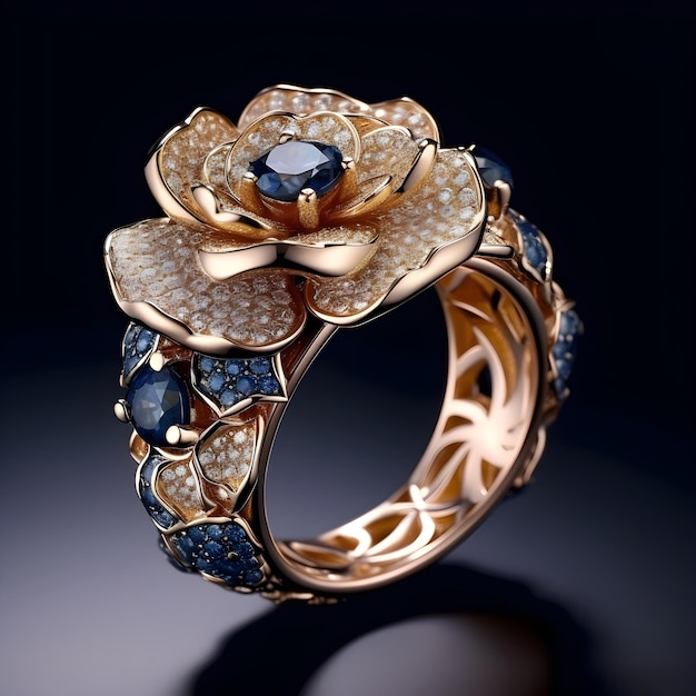 Un anillo de oro con piedras azules y una roseta.