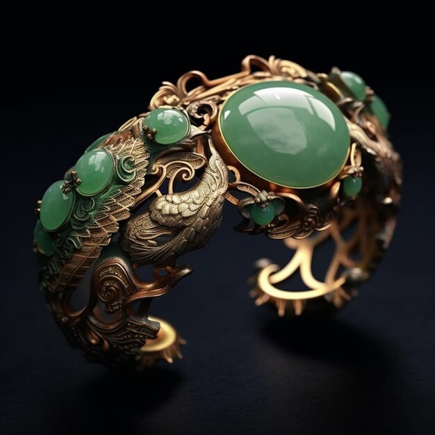 Foto un anillo con una piedra verde y pan de oro.