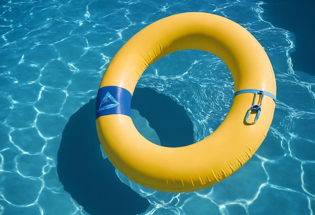 Foto anillo de piscina amarillo flotando en agua azul