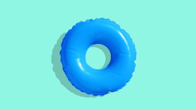 Anillo de piscina inflable azul sobre fondo azul.