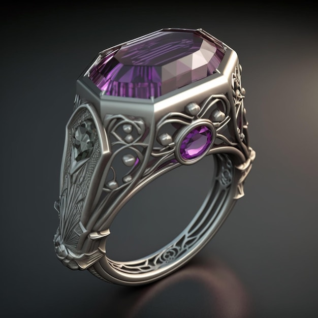 Anillo de plata con amatista púrpura zafiro piedra preciosa concepto arte 3d render ilustración