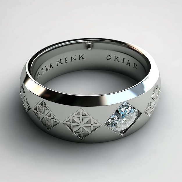 Un anillo de plata con un diamante y la palabra kurk.