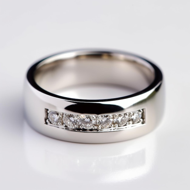 Un anillo de plata con diamantes sobre una superficie blanca.