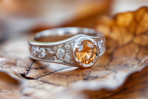 Anillo de plata o oro blanco con diamantes y zafiros amarillos de primer plano Gemas preciosas y metales joyas de piedras preciosas naturales