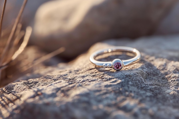 Anillo de plata o oro blanco con diamantes y zafiros rosados en fondo de roca natural Gemas y metales preciosos joyas de piedras preciosas naturales