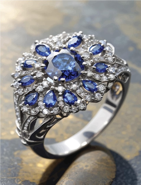 Un anillo de platino adornado con un grupo de zafiros brillando al sol.