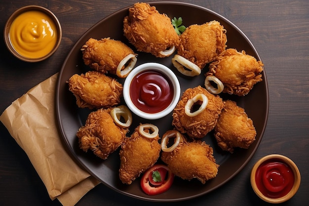 Un anillo de pollo frito de la vista superior dentro de un plato marrón con ketchup y mostaza