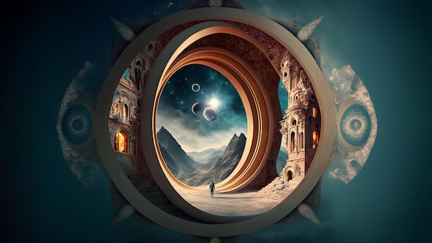 Anillo de portal surrealista con paisaje desértico con figura humana mirando el cielo estrellado con arte generado por redes neuronales de planetas