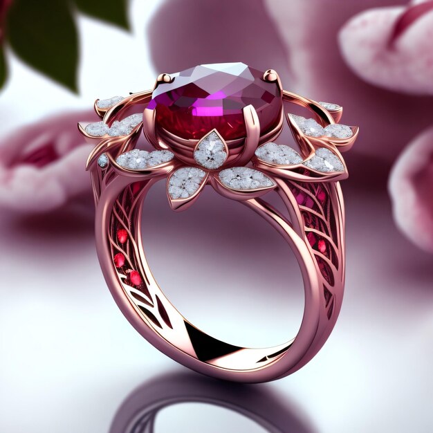 Un anillo rosa con una piedra roja y diamantes.