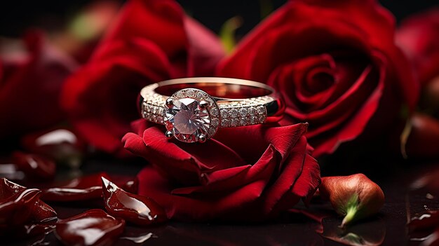 Anillo de rubí rojo con hermosos pétalos de rosa