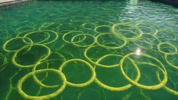 Anillos de agua de primer plano en una superficie de piscina verde