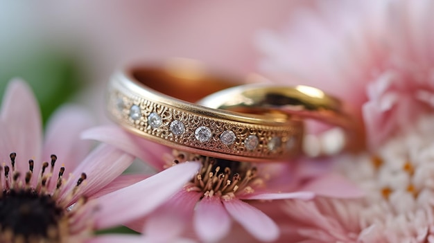 Anillos de boda dorados y flores de cerca IA generativa