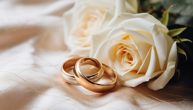 Anillos de boda dorados en la rosa blanca del ramo de novia