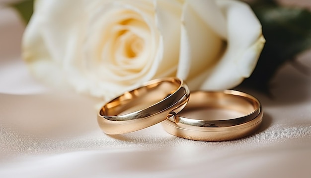 Foto anillos de boda dorados en la rosa blanca del ramo de novia