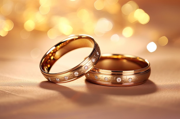 Anillos de boda en un fondo de bokeh dorado Anillos de matrimonio invitación de boda fondo AI generado