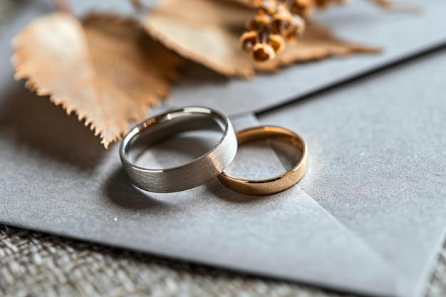 Foto los anillos de boda el fondo de la invitación de boda