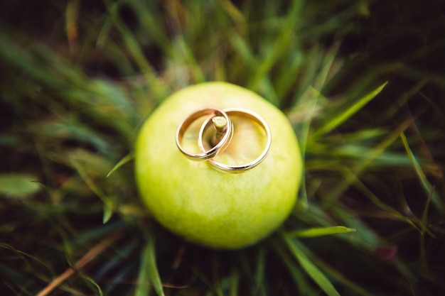 Foto anillos de boda. joyas en oro blanco y amarillo. anillo de bodas en verde