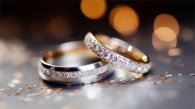 anillos de boda con lentejuelas doradas sobre fondo bokeh