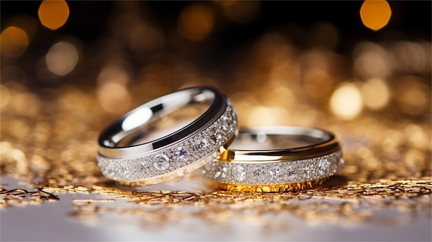 anillos de boda con lentejuelas doradas sobre fondo bokeh