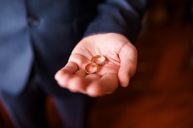 Anillos de boda en manos de hombres.