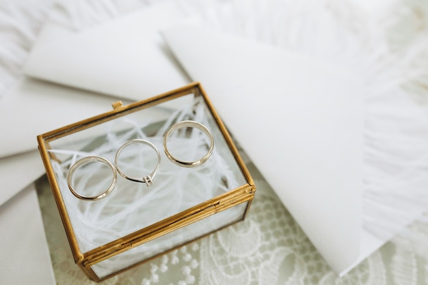Los anillos de boda de los novios están en una caja de cristal.