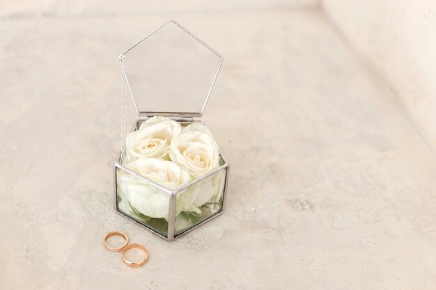 Anillos de boda de oro con una bonita caja para anillos