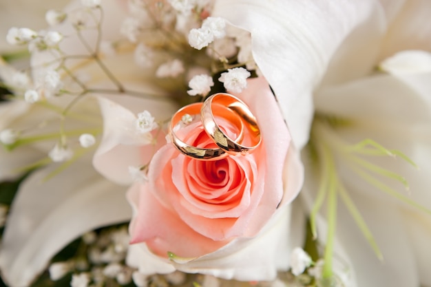 Anillos de boda de oro en flor