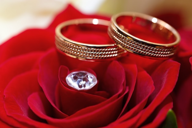 Anillos de boda de oro en un ramo de flores para la novia